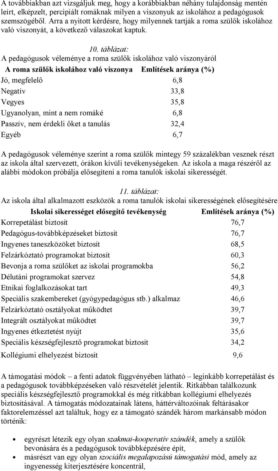 táblázat: A pedagógusok véleménye a roma szül k iskolához való viszonyáról A roma szül k iskolához való viszonya Említések aránya (%) Jó, megfelel 6,8 Negatív 33,8 Vegyes 35,8 Ugyanolyan, mint a nem