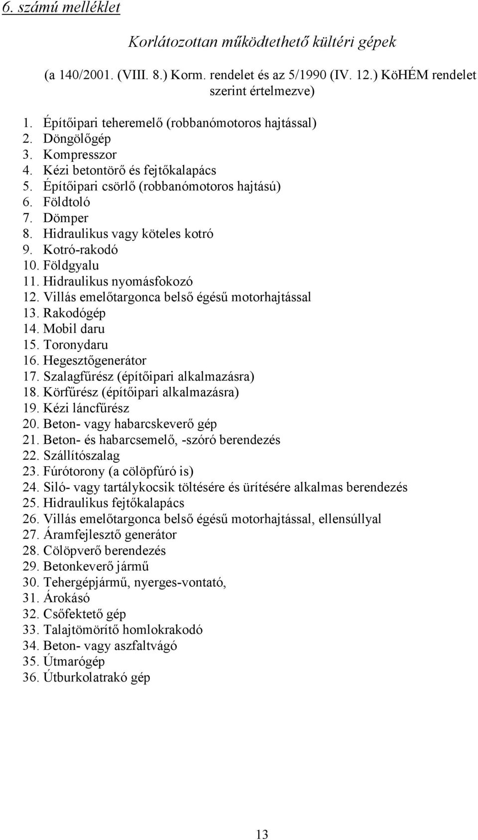 Hidraulikus vagy köteles kotró 9. Kotró-rakodó 10. Földgyalu 11. Hidraulikus nyomásfokozó 12. Villás emelıtargonca belsı égéső motorhajtással 13. Rakodógép 14. Mobil daru 15. Toronydaru 16.