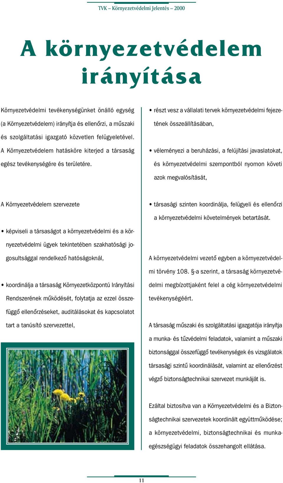 véleményezi a beruházási, a felújítási javaslatokat, és környezetvédelmi szempontból nyomon követi azok megvalósítását, A Környezetvédelem szervezete társasági szinten koordinálja, felügyeli és