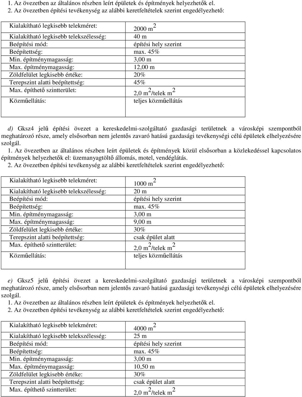 szerint Beépítettség: max. 45% Min. építménymagasság: 3,00 m Max. építménymagasság: 12,00 m Zöldfelület legkisebb értéke: 20% Terepszint alatti beépítettség: 45% Max.