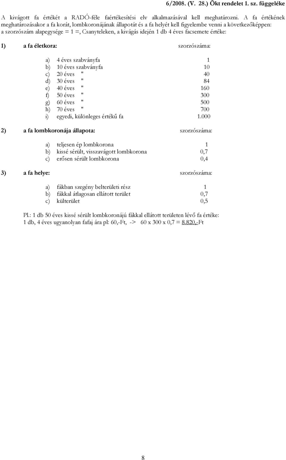 facsemete értéke: 1) a fa életkora: szorzószáma: a) 4 éves szabványfa 1 b) 10 éves szabványfa 10 c) 20 éves " 40 d) 30 éves " 84 e) 40 éves " 160 f) 50 éves " 300 g) 60 éves " 500 h) 70 éves " 700 i)