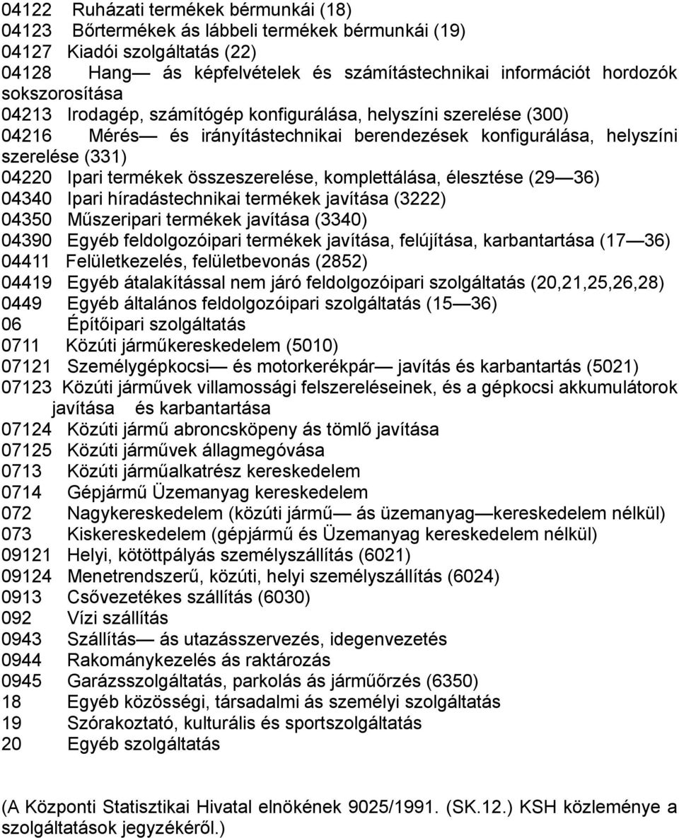 összeszerelése, komplettálása, élesztése (29 36) 04340 Ipari híradástechnikai termékek javítása (3222) 04350 Műszeripari termékek javítása (3340) 04390 Egyéb feldolgozóipari termékek javítása,