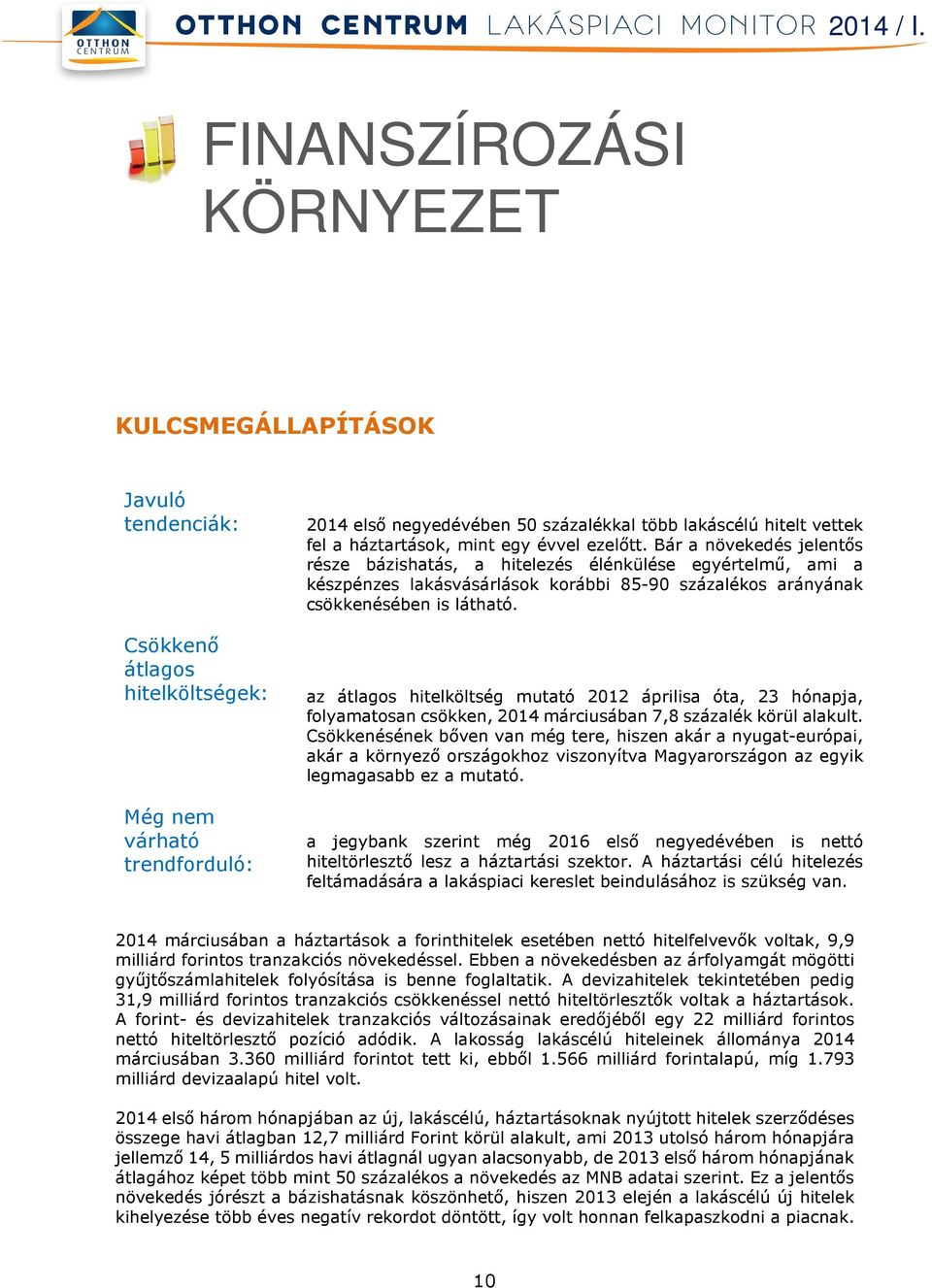 Csökkenő átlagos hitelköltségek: az átlagos hitelköltség mutató 2012 áprilisa óta, 23 hónapja, folyamatosan csökken, 2014 márciusában 7,8 százalék körül alakult.