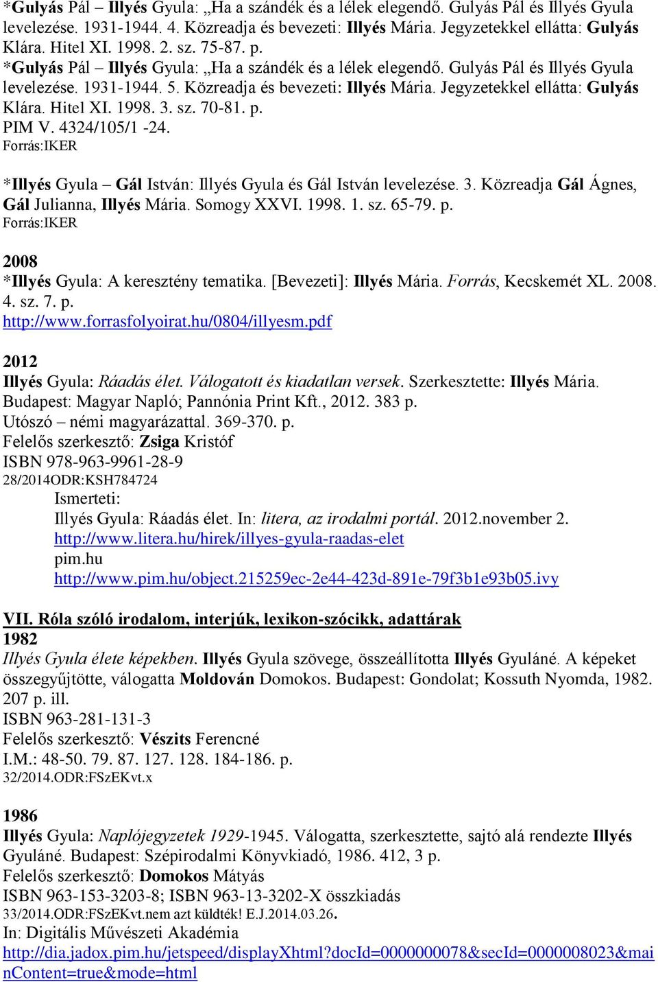 Jegyzetekkel ellátta: Gulyás Klára. Hitel XI. 1998. 3. sz. 70-81. p. PIM V. 4324/105/1-24. Forrás:IKER *Illyés Gyula Gál István: Illyés Gyula és Gál István levelezése. 3. Közreadja Gál Ágnes, Gál Julianna, Illyés Mária.