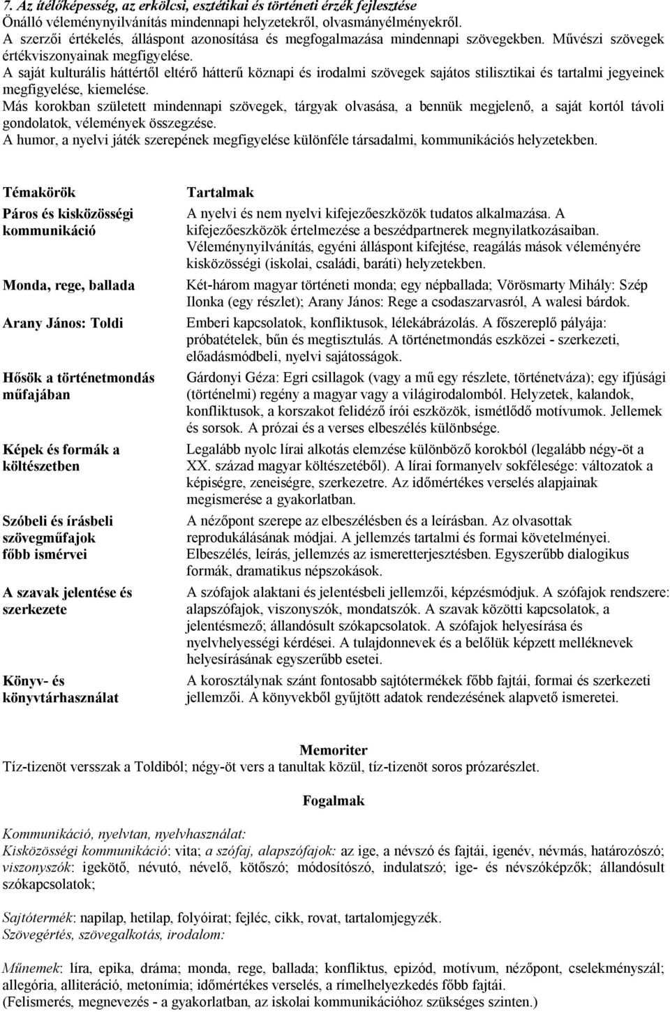 A saját kulturális háttértől eltérő hátterű köznapi és irodalmi szövegek sajátos stilisztikai és tartalmi jegyeinek megfigyelése, kiemelése.