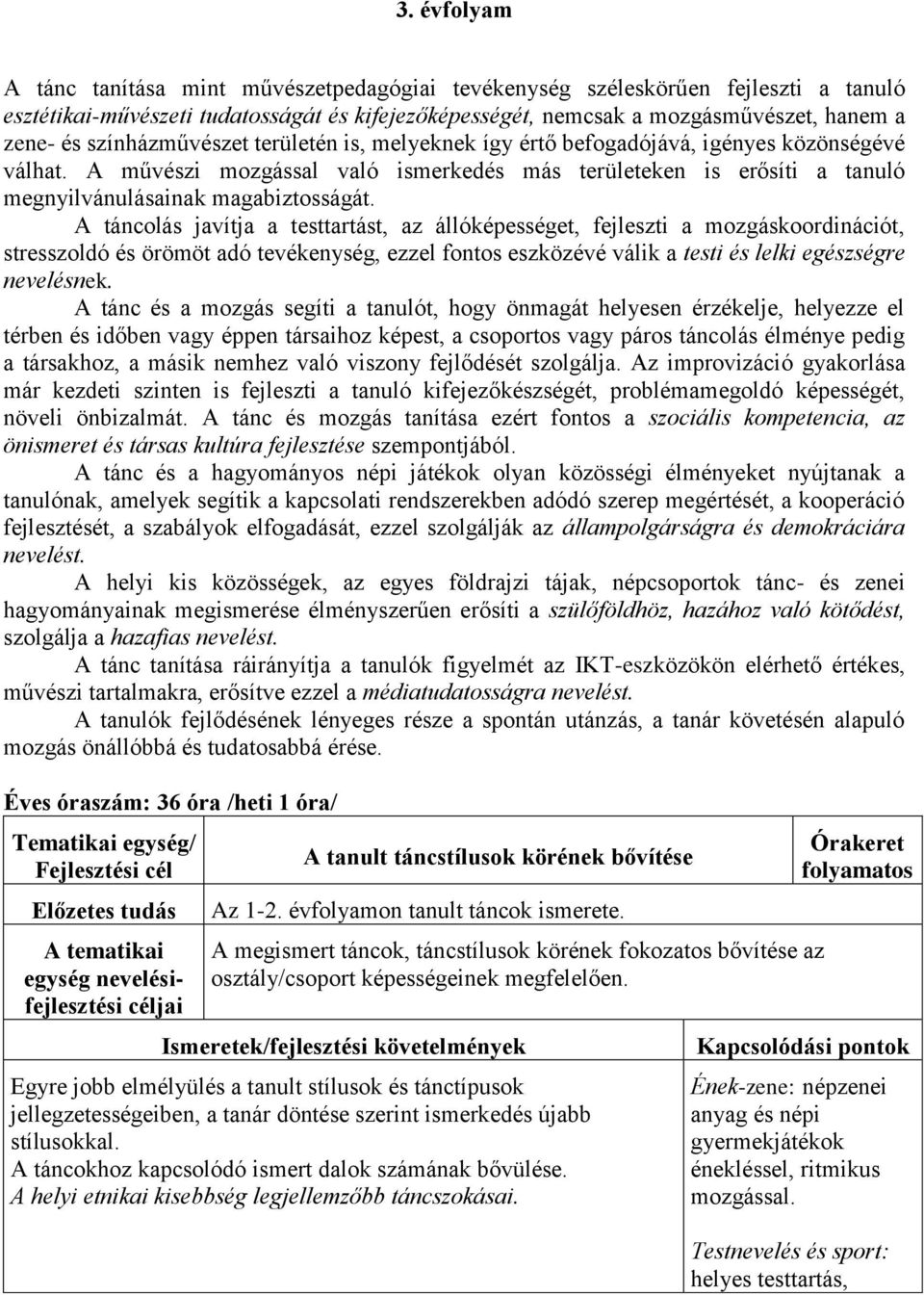 A táncolás javítja a testtartást, az állóképességet, fejleszti a mozgáskoordinációt, stresszoldó és örömöt adó tevékenység, ezzel fontos eszközévé válik a testi és lelki egészségre nevelésnek.