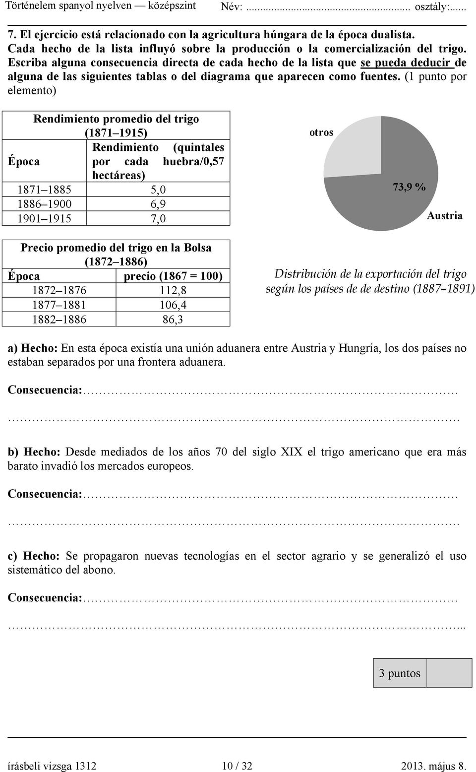 (1 punto por elemento) Rendimiento promedio del trigo (1871 1915) Rendimiento (quintales Época por cada huebra/0,57 hectáreas) 1871 1885 5,0 1886 1900 6,9 1901 1915 7,0 otros 73,9 % Austria Precio