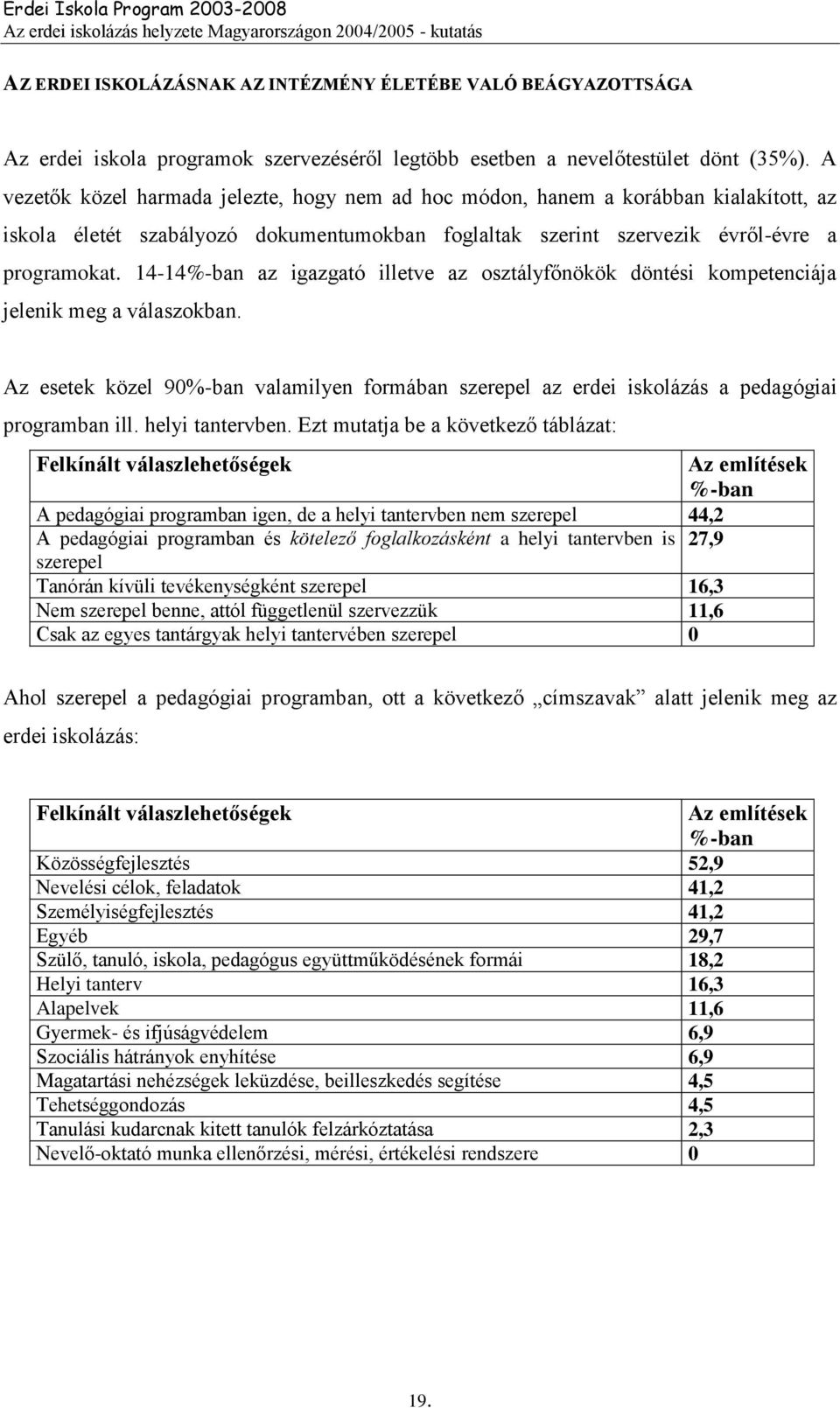 14-14%-ban az igazgató illetve az osztályfőnökök döntési kompetenciája jelenik meg a válaszokban. Az esetek közel 90%-ban valamilyen formában szerepel az erdei iskolázás a pedagógiai programban ill.