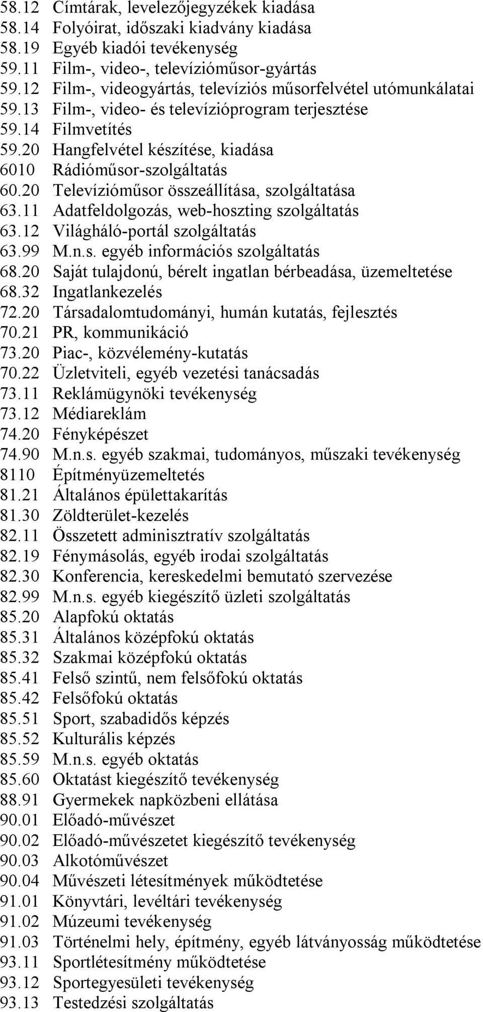 20 Hangfelvétel készítése, kiadása 6010 Rádióműsor-szolgáltatás 60.20 Televízióműsor összeállítása, szolgáltatása 63.11 Adatfeldolgozás, web-hoszting szolgáltatás 63.