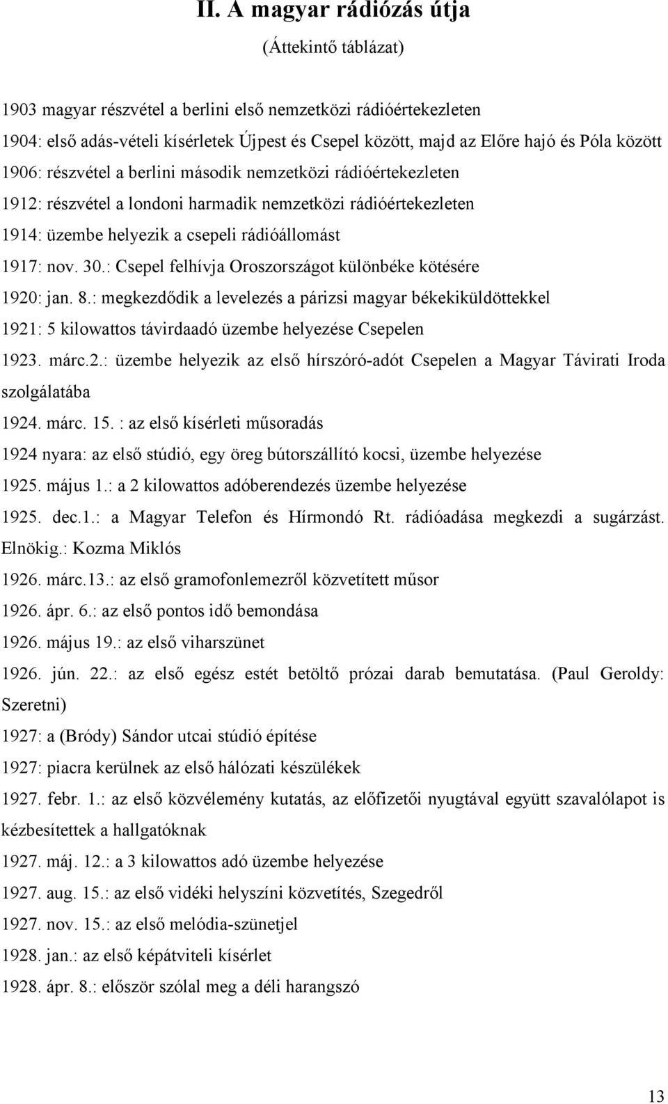 : Csepel felhívja Oroszországot különbéke kötésére 1920: jan. 8.: megkezdődik a levelezés a párizsi magyar békekiküldöttekkel 1921: 5 kilowattos távirdaadó üzembe helyezése Csepelen 1923. márc.2.: üzembe helyezik az első hírszóró-adót Csepelen a Magyar Távirati Iroda szolgálatába 1924.