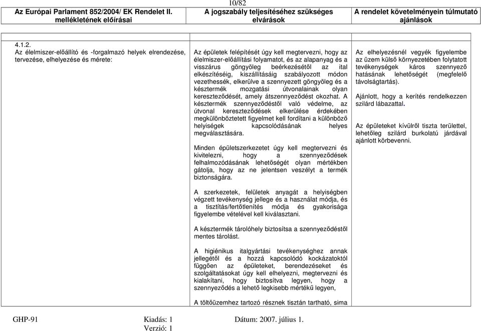 Az élelmiszer-előállító és -forgalmazó helyek elrendezése, tervezése, elhelyezése és mérete: Az épületek felépítését úgy kell megtervezni, hogy az élelmiszer-előállítási folyamatot, és az alapanyag