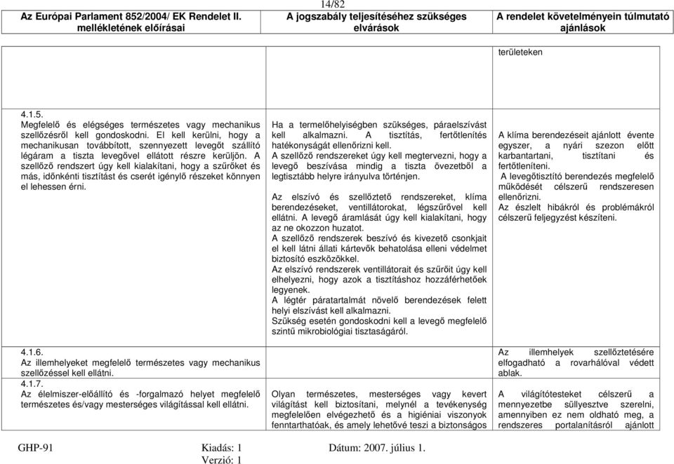 A szellőző rendszert úgy kell kialakítani, hogy a szűrőket és más, időnkénti tisztítást és cserét igénylő részeket könnyen el lehessen érni. 4.1.6.