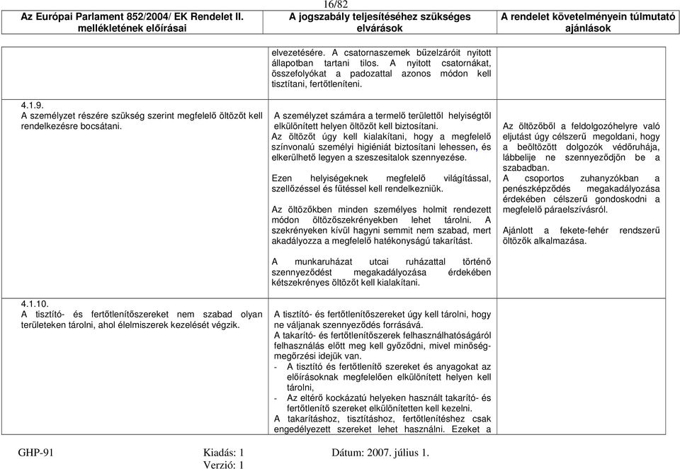 A nyitott csatornákat, összefolyókat a padozattal azonos módon kell tisztítani, fertőtleníteni. A személyzet számára a termelő területtől helyiségtől elkülönített helyen öltözőt kell biztosítani.