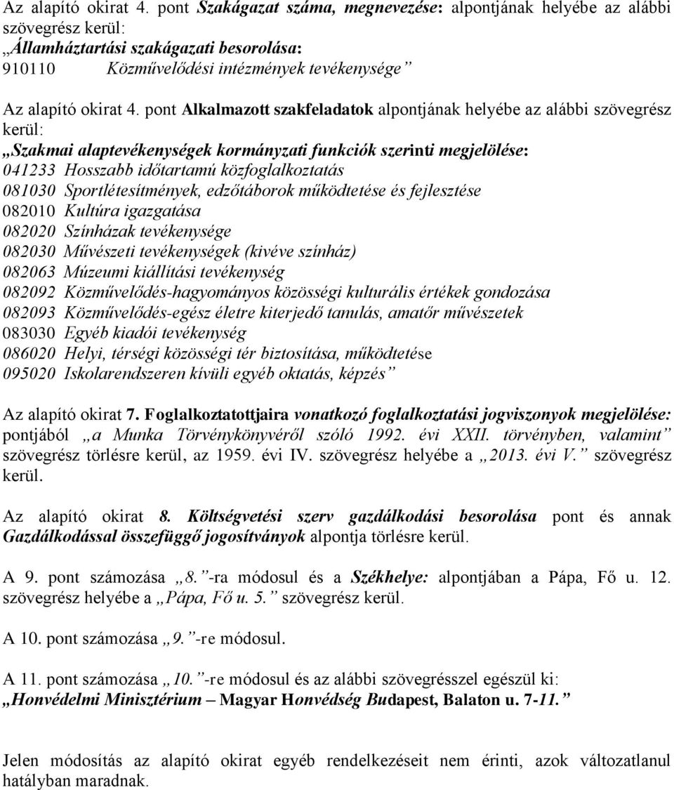 szakfeladatok alpontjának helyébe az alábbi szövegrész kerül: Szakmai alaptevékenységek kormányzati funkciók szerinti megjelölése: 041233 Hosszabb időtartamú közfoglalkoztatás 081030