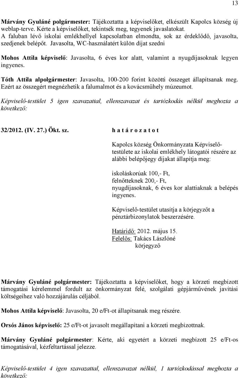 Javasolta, WC-használatért külön díjat szedni Mohos Attila képviselő: Javasolta, 6 éves kor alatt, valamint a nyugdíjasoknak legyen ingyenes.