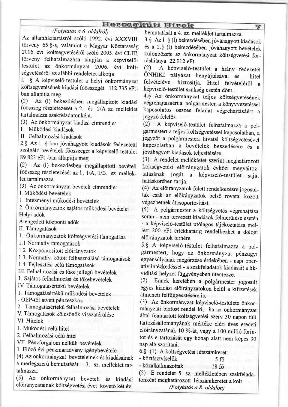 6vi CLIII kiilonbozete az onkorminyzat kolts6gvetdsi for_ torveny felhatalmazhsa alapj n a k6pvise16- r6shiinya 22912 eft. testrilet az onkorm6nyzat 2006.