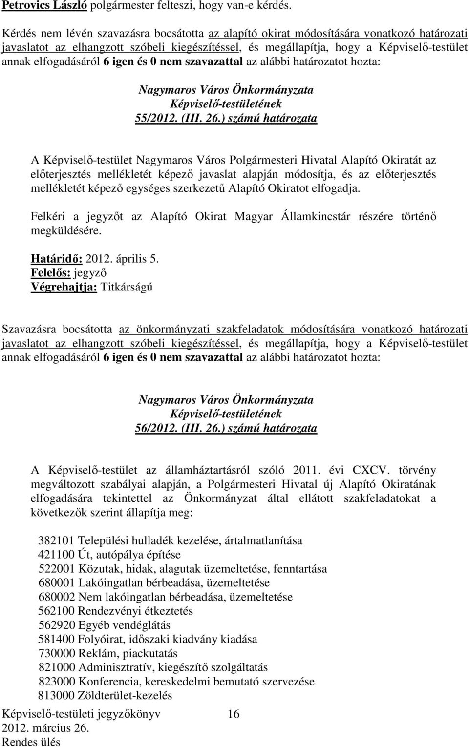 elfogadásáról 6 igen és 0 nem szavazattal az alábbi határozatot hozta: 55/2012. (III. 26.