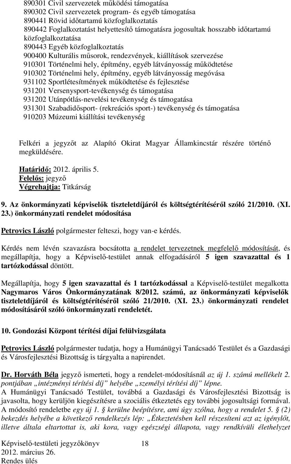 910302 Történelmi hely, építmény, egyéb látványosság megóvása 931102 Sportlétesítmények működtetése és fejlesztése 931201 Versenysport-tevékenység és támogatása 931202 Utánpótlás-nevelési tevékenység