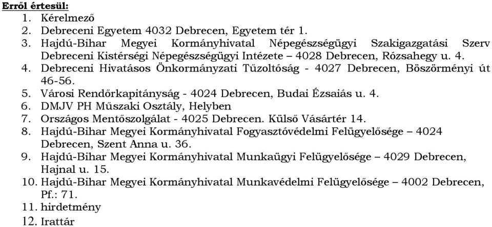 28 Debrecen, Rózsahegy u. 4. 4. Debreceni Hivatásos Önkormányzati Tűzoltóság - 4027 Debrecen, Böszörményi út 46-56. 5. Városi Rendőrkapitányság - 4024 Debrecen, Budai Ézsaiás u. 4. 6.