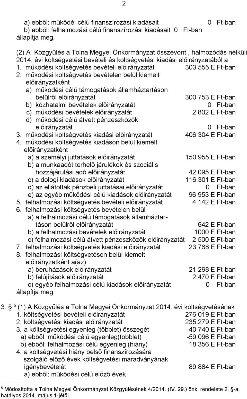 működési költségvetés bevételi előirányzatát 303 555 E Ft-ban 2.