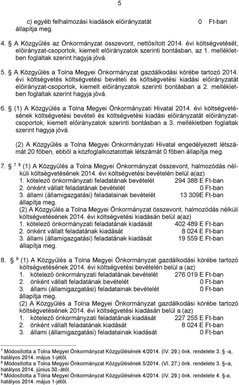 A Közgyűlés a Tolna Megyei Önkormányzat gazdálkodási körébe tartozó 2014.