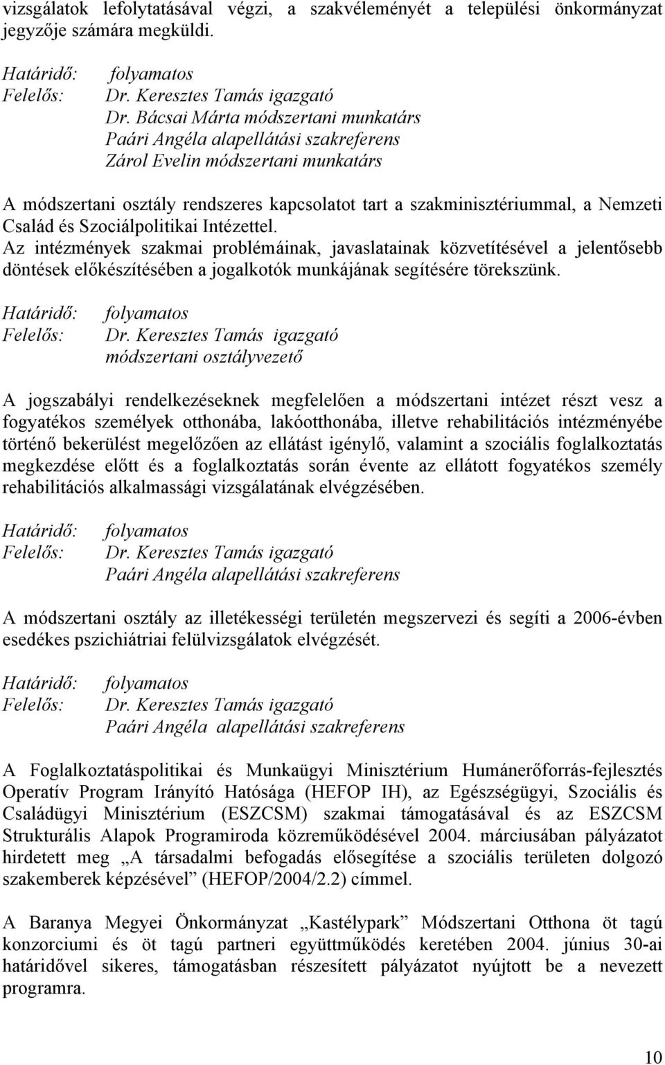 és Szociálpolitikai Intézettel. Az intézmények szakmai problémáinak, javaslatainak közvetítésével a jelentősebb döntések előkészítésében a jogalkotók munkájának segítésére törekszünk. folyamatos Dr.