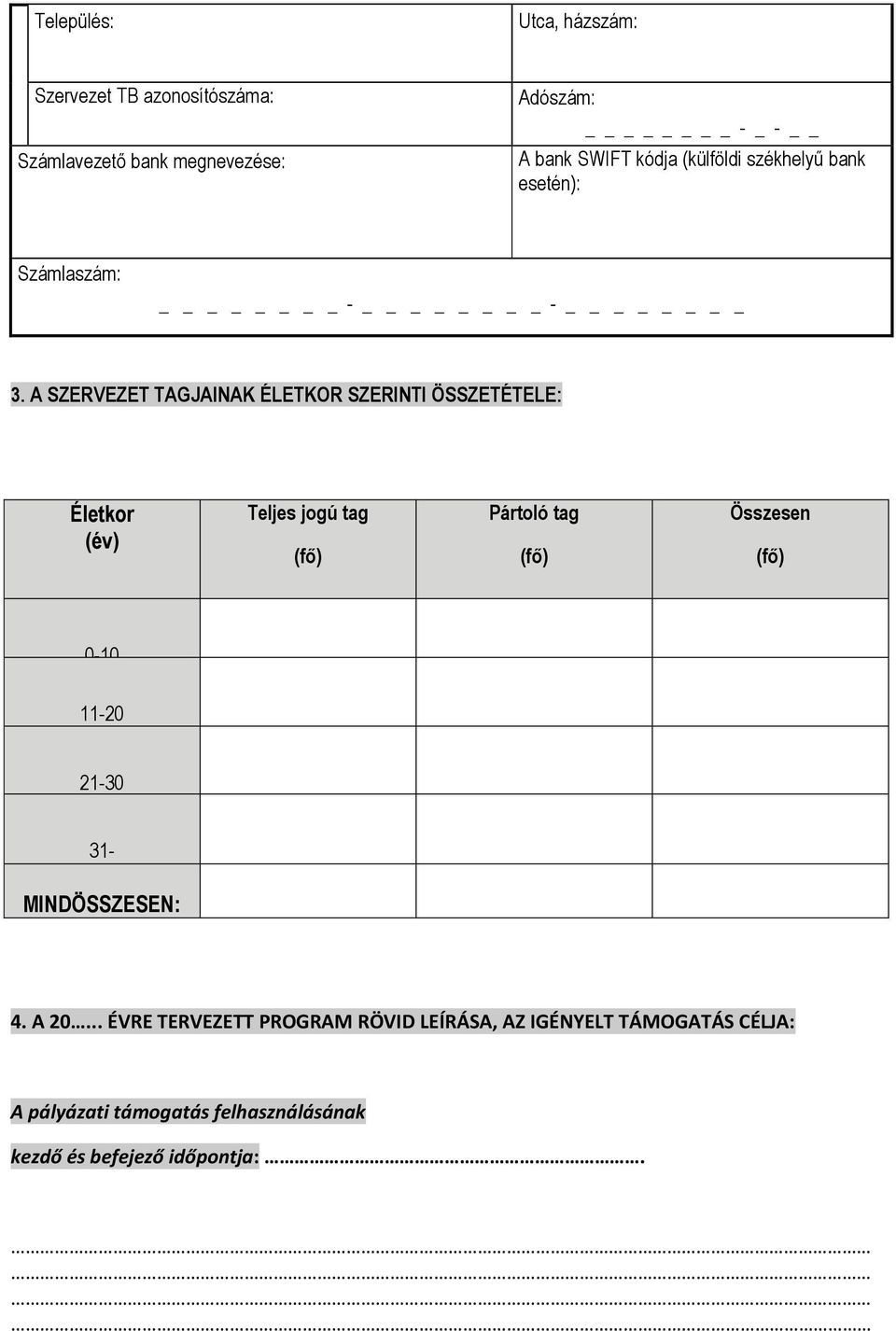 A SZERVEZET TAGJAINAK ÉLETKOR SZERINTI ÖSSZETÉTELE: Életkor (év) Teljes jogú tag (fő) Pártoló tag (fő) Összesen (fő)