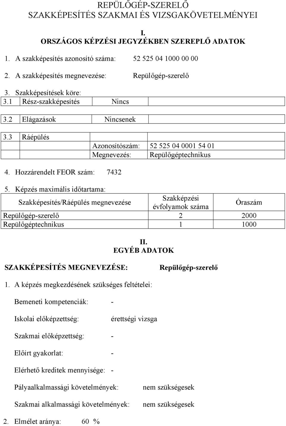 3 Ráépülés zonosítószám: 52 525 04 0001 54 01 Megnevezés: Repülőgéptechnikus 4. Hozzárendelt FEOR szám: 7432 5.