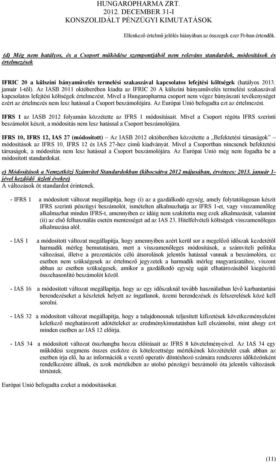 Mivel a Hungaropharma csoport nem végez bányászati tevékenységet ezért az értelmezés nem lesz hatással a Csoport beszámolójára. Az Európai Unió befogadta ezt az értelmezést.