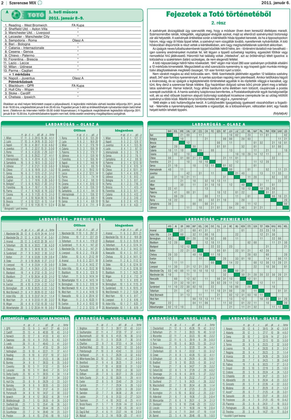 Napoli Juventus Olasz A Pótmérkőzések 1. Blackburn QPR FA Kupa 2. Hull City Wigan " 3. Stoke Cardiff " 4. Chelsea Ipswich " 1. heti műsora Fejezetek a Totó történetéből 2011. január 8 9.