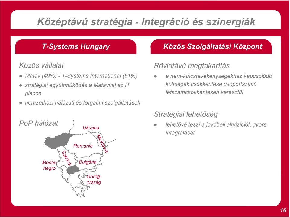 szolgáltatások a nem-kulcstevékenységekhez kapcsolódó költségek csökkentése csoportszintű létszámcsökkentésen keresztül PoP hálózat