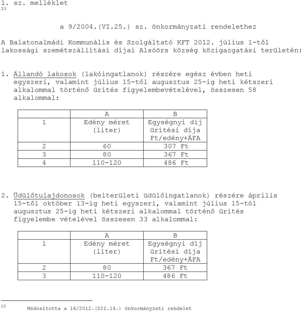 Állandó lakosok (lakóingatlanok) részére egész évben heti egyszeri, valamint július 15-től augusztus 25-ig heti kétszeri alkalommal történő ürítés figyelembevételével, összesen 58 alkalommal: A 1