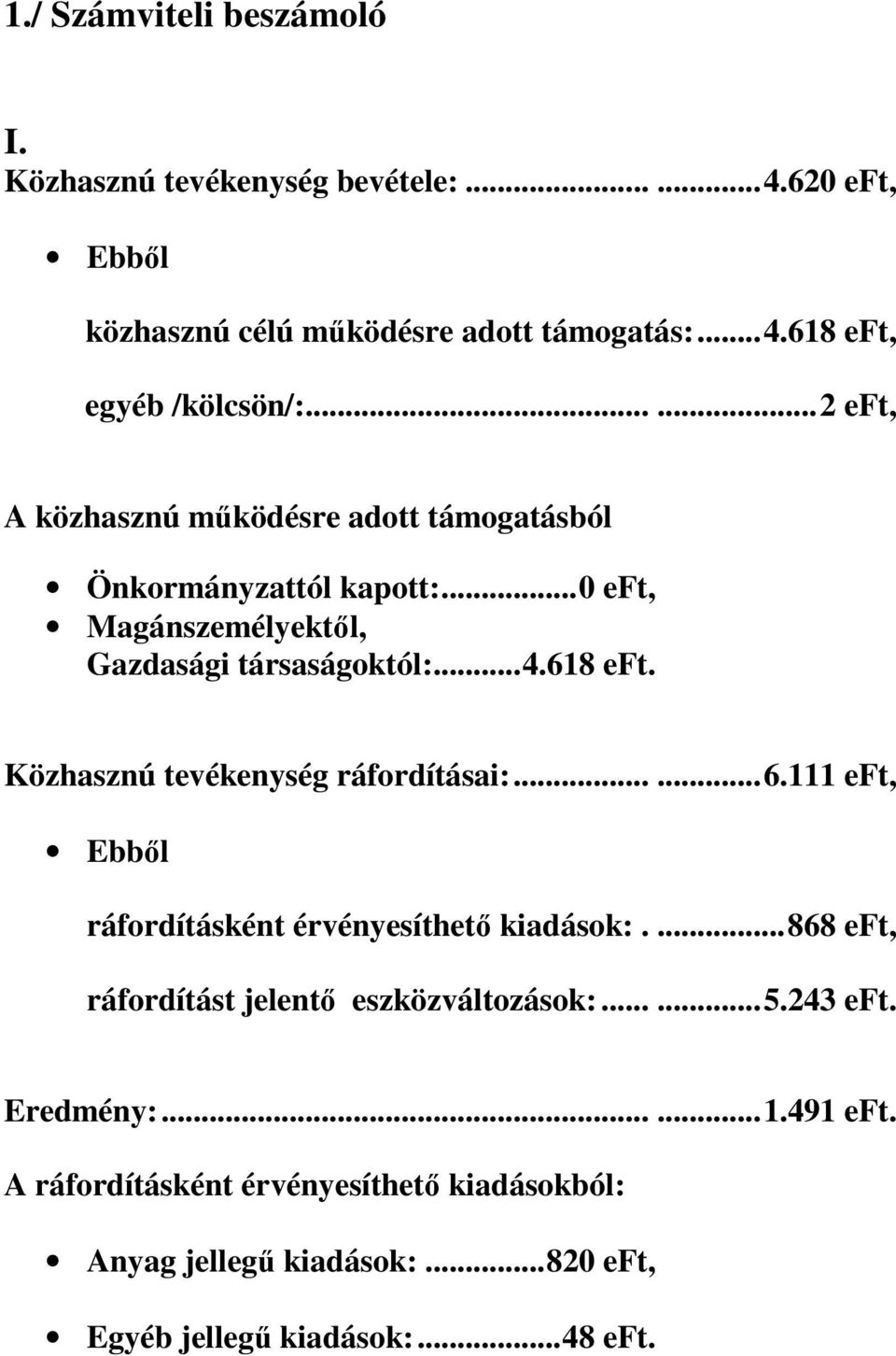 Közhasznú tevékenység ráfordításai:......6.111 eft, Ebbıl ráfordításként érvényesíthetı kiadások:....868 eft, ráfordítást jelentı eszközváltozások:......5.