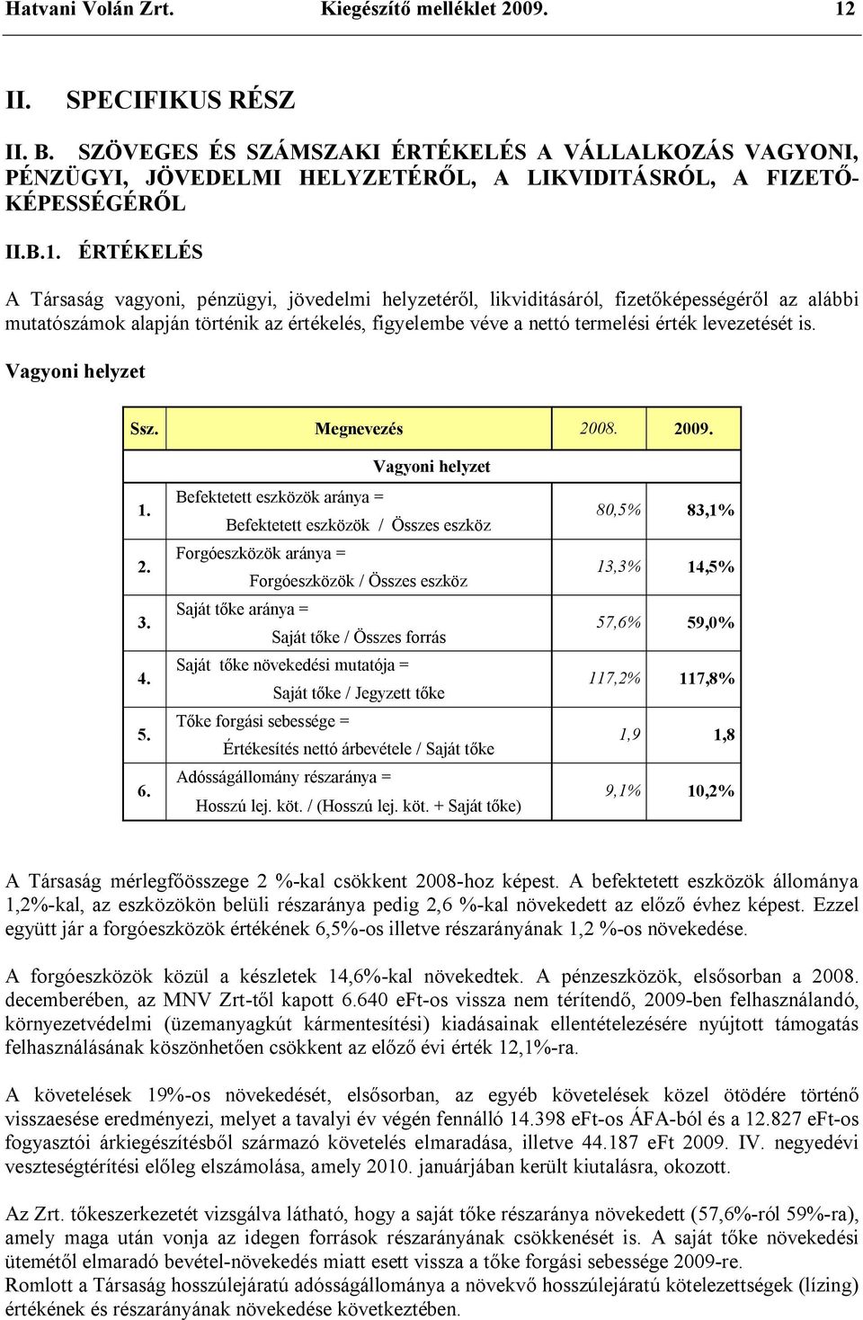 ÉRTÉKELÉS A Társaság vagyoni, pénzügyi, jövedelmi helyzetéről, likviditásáról, fizetőképességéről az alábbi mutatószámok alapján történik az értékelés, figyelembe véve a nettó termelési érték