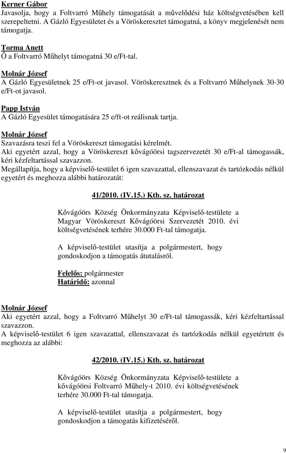 Papp István A Gázló Egyesület támogatására 25 e/ft-ot reálisnak tartja. Szavazásra teszi fel a Vöröskereszt támogatási kérelmét.