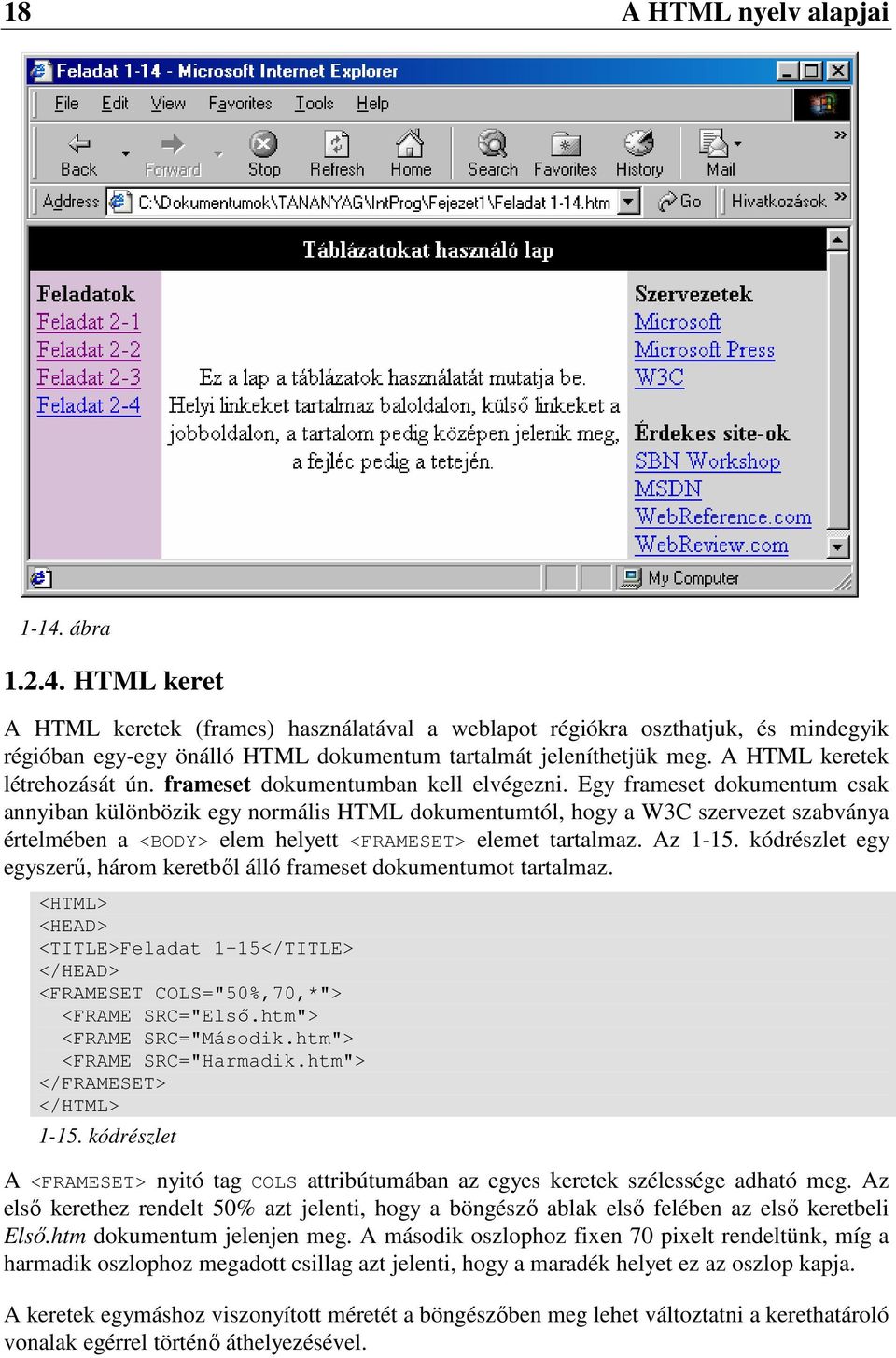 Egy frameset dokumentum csak annyiban különbözik egy normális HTML dokumentumtól, hogy a W3C szervezet szabványa értelmében a elem helyett <FRAMESET> elemet tartalmaz. Az 1-15.