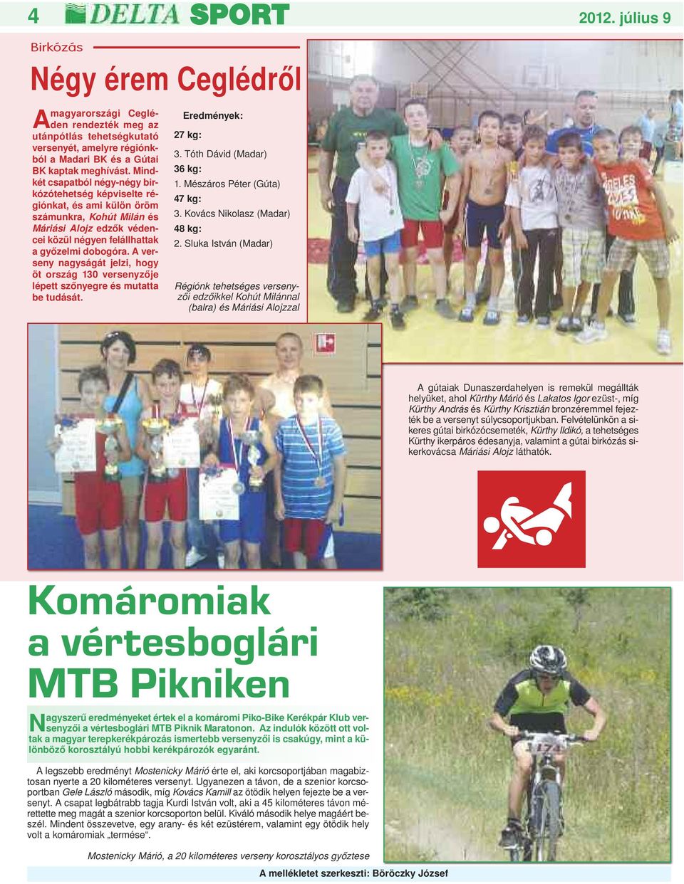A verseny nagyságát jelzi, hogy öt ország 130 versenyzője lépett szőnyegre és mutatta be tudását. Eredmények: 27 kg: 3. Tóth Dávid (Madar) 36 kg: 1. Mészáros Péter (Gúta) 47 kg: 3.