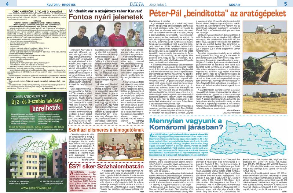 septembra 2012. Požadované kvalifikačné predpoklady a iné kritériá a požiadavky: - splnenie kvalifikačných predpokladov podľa 3 ods. 5 písmeno a) a b) zá