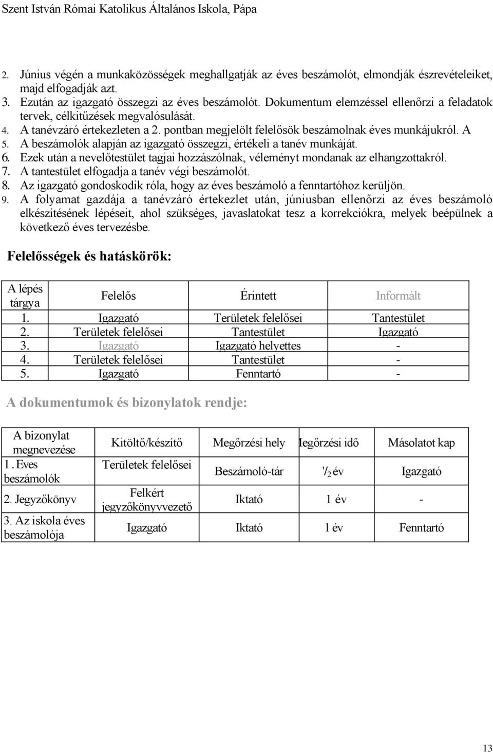 A beszámolók alapján az igazgató összegzi, értékeli a tanév munkáját. 6. Ezek után a nevelőtestület tagjai hozzászólnak, véleményt mondanak az elhangzottakról. 7.