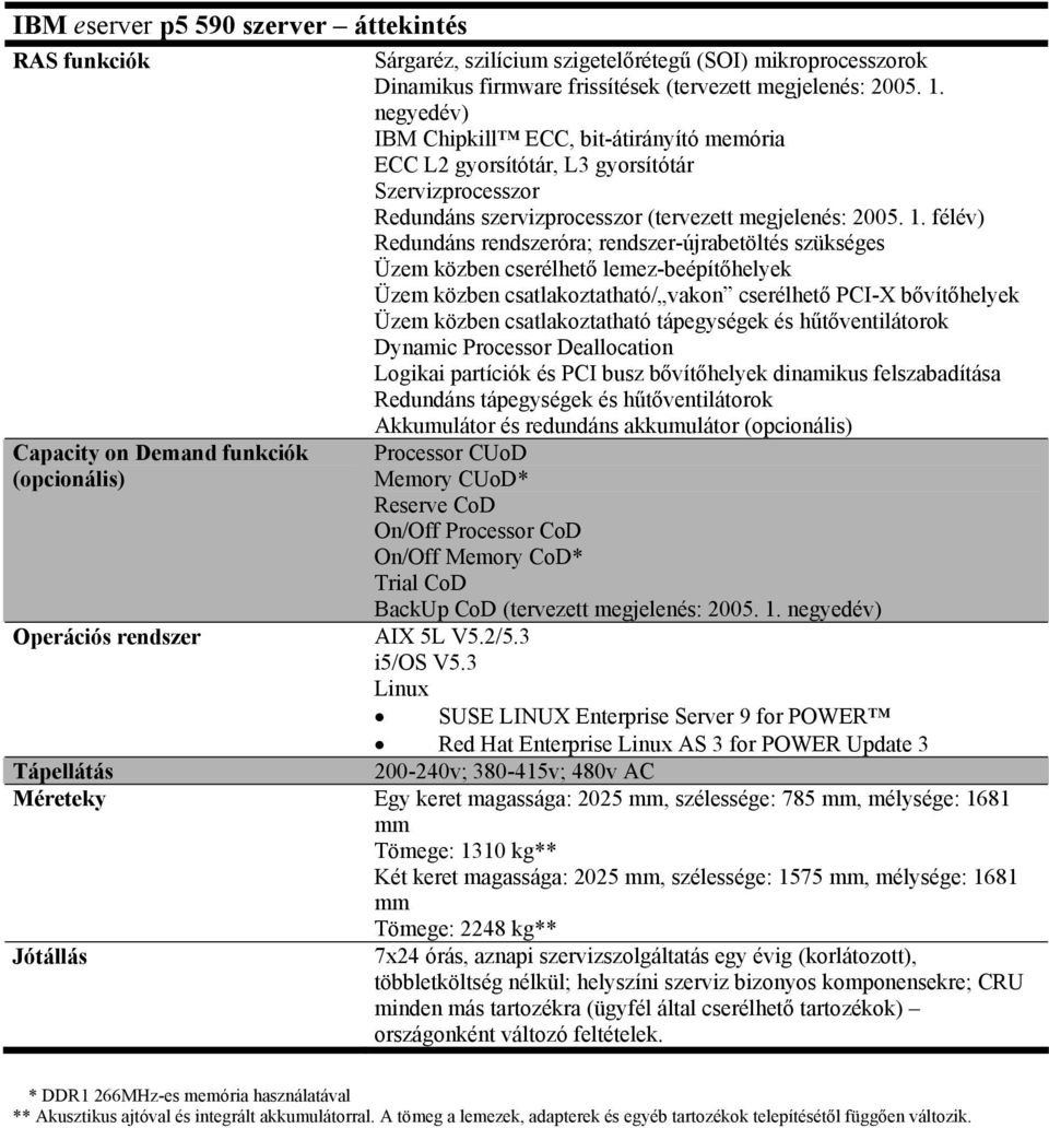 negyedév) IBM Chipkill ECC, bit-átirányító memória ECC L2 gyorsítótár, L3 gyorsítótár Szervizprocesszor Redundáns szervizprocesszor (tervezett megjelenés: 2005. 1.