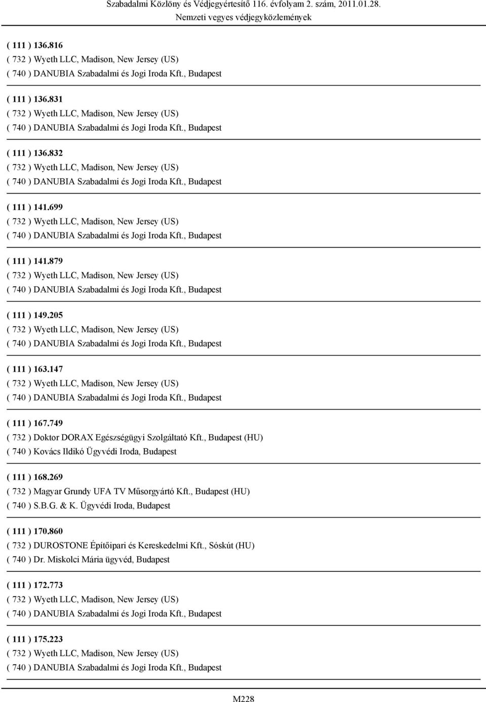 269 ( 732 ) Magyar Grundy UFA TV Műsorgyártó Kft., Budapest (HU) ( 740 ) S.B.G. & K. Ügyvédi Iroda, Budapest ( 111 ) 170.