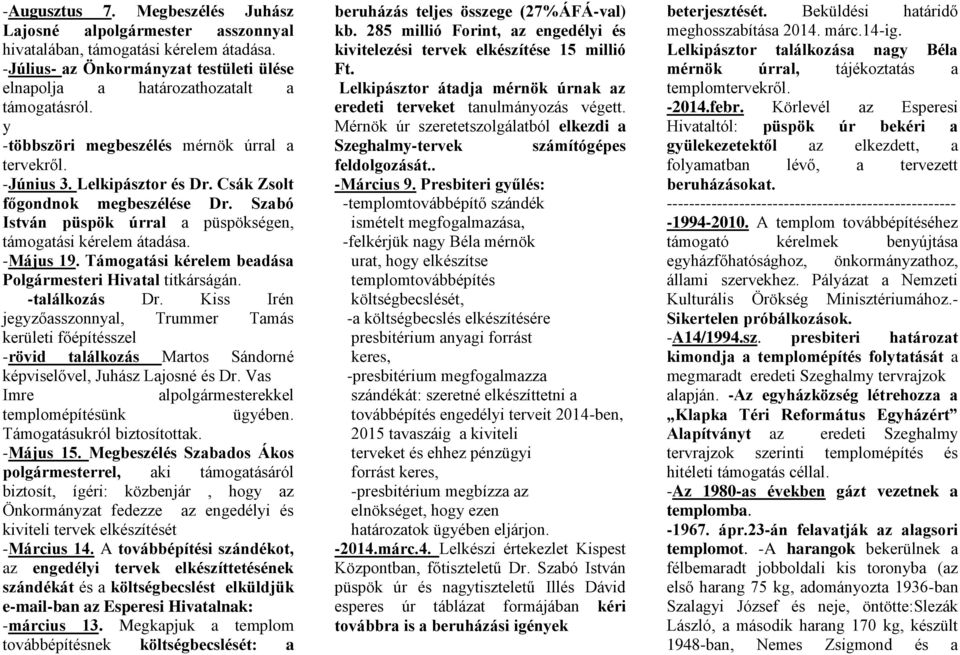 Támogatási kérelem beadása Polgármesteri Hivatal titkárságán. -találkozás Dr.