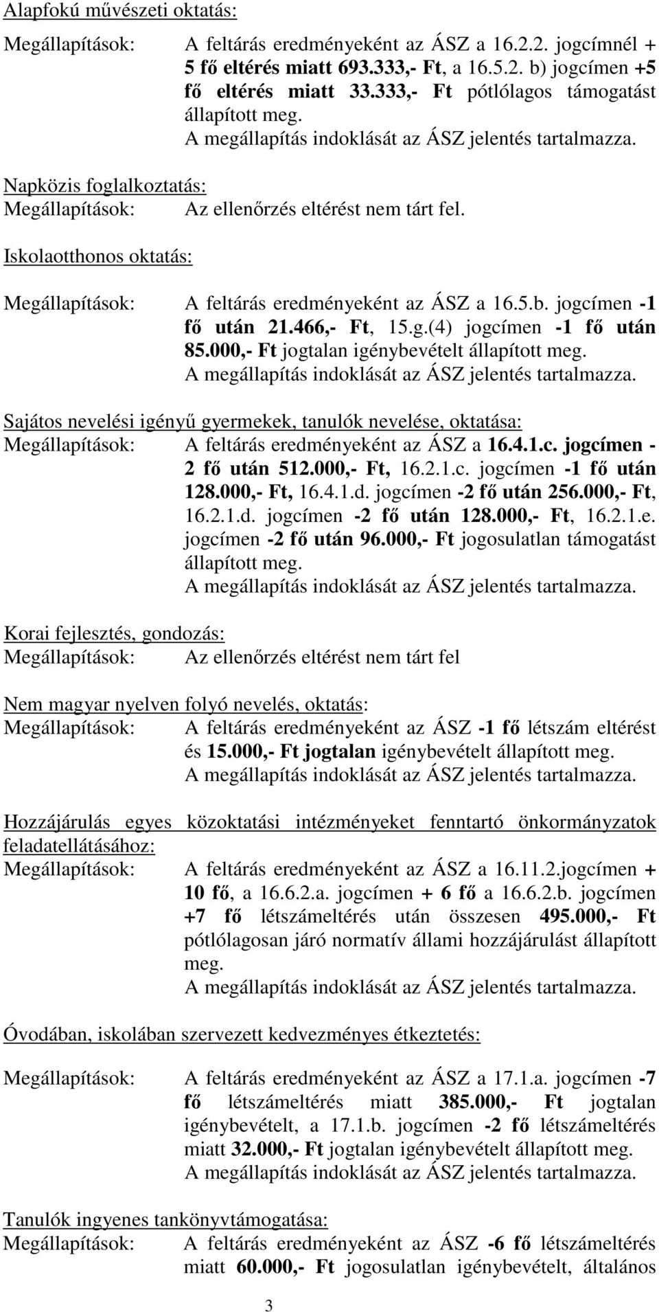 Iskolaotthonos oktatás: Megállapítások: A feltárás eredményeként az ÁSZ a 16.5.b. jogcímen -1 fı után 21.466,- Ft, 15.g.(4) jogcímen -1 fı után 85.000,- Ft jogtalan igénybevételt állapított meg.