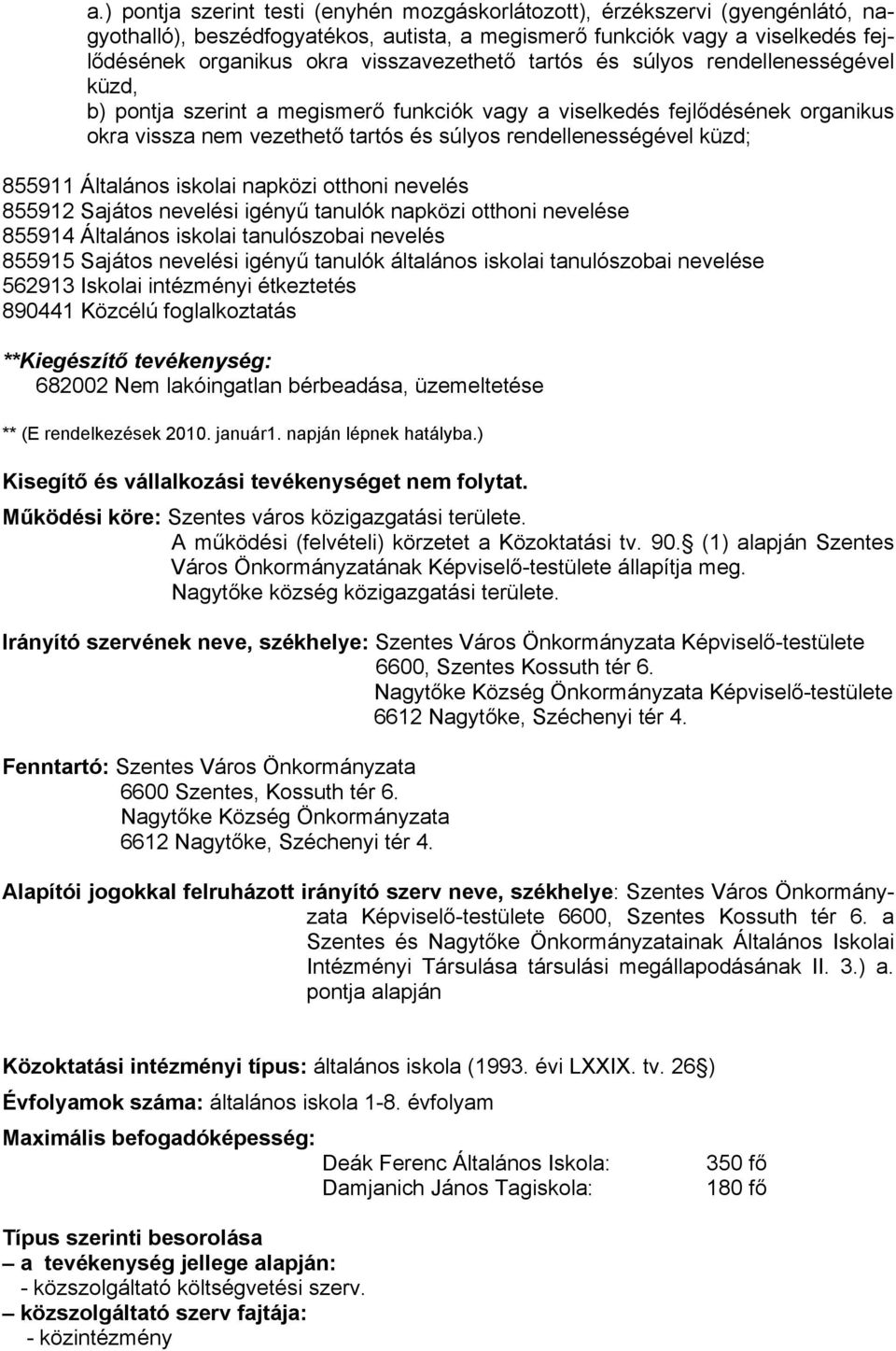 küzd; 855911 Általános iskolai napközi otthoni nevelés 855912 Sajátos nevelési igényű tanulók napközi otthoni nevelése 855914 Általános iskolai tanulószobai nevelés 855915 Sajátos nevelési igényű