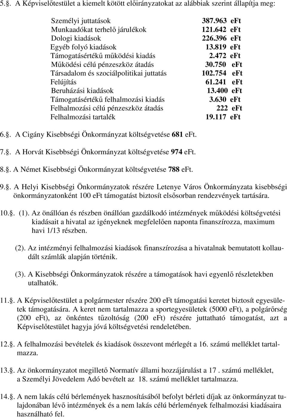 963 eft 121.642 eft 226.396 eft 13.819 eft 2.472 eft 30.750 eft 102.754 eft 61.241 eft 13.400 eft 3.630 eft 222 eft 19.117 eft 6.. A Cigány Kisebbségi Önkormányzat költségvetése 681 eft. 7.