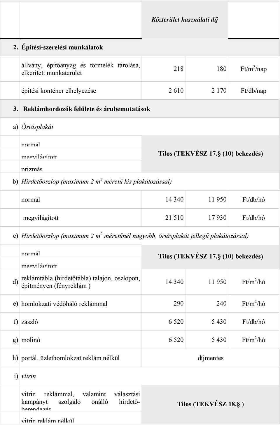 (10) bekezdés) prizmás b) Hirdetőoszlop (maximum 2 m 2 méretű kis plakátozással) normál 14 340 11 950 Ft/db/hó megvilágított 21 510 17 930 Ft/db/hó c) Hirdetőoszlop (maximum 2 m 2 méretűnél nagyobb,