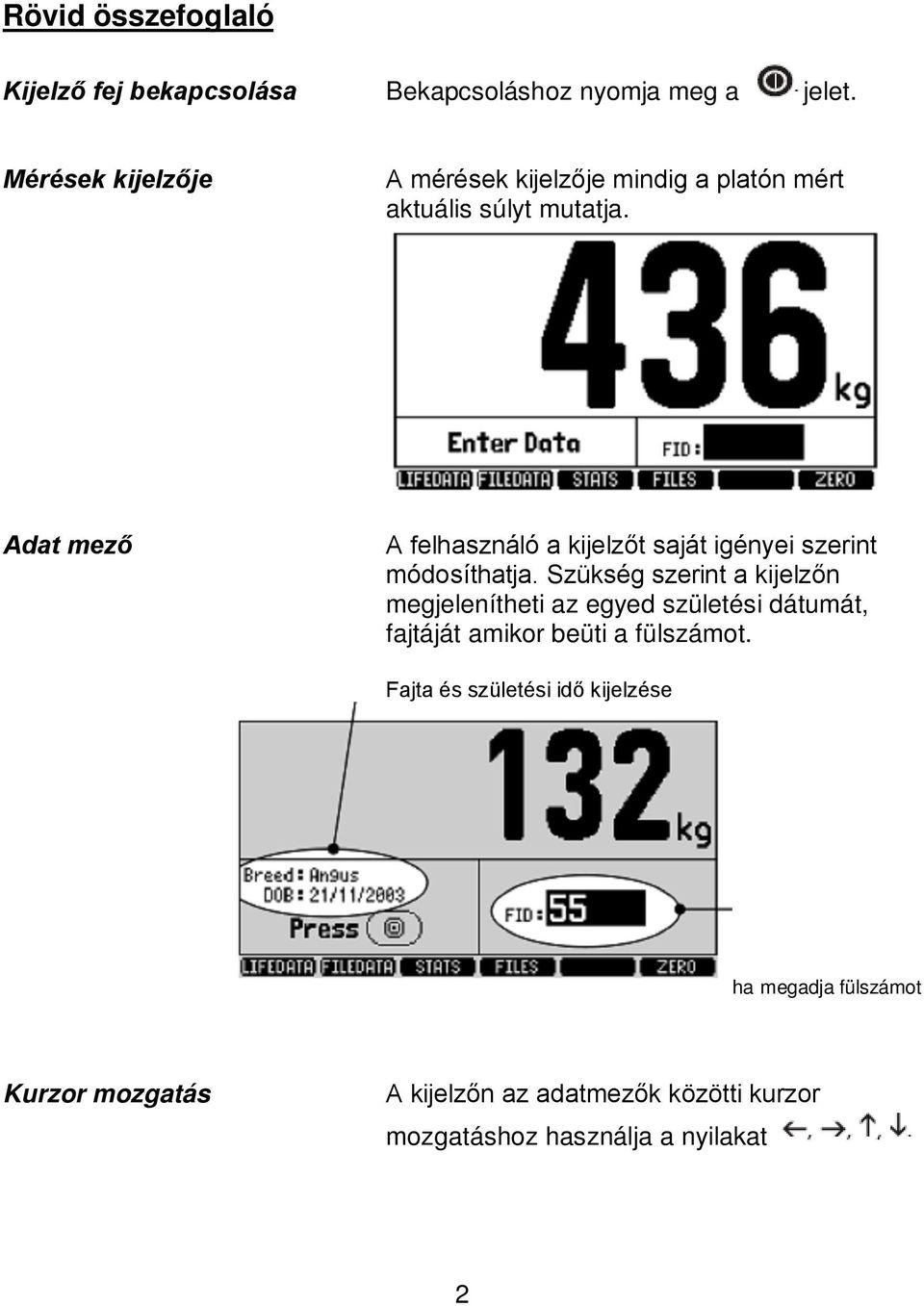 Adat mező A felhasználó a kijelzőt saját igényei szerint módosíthatja.