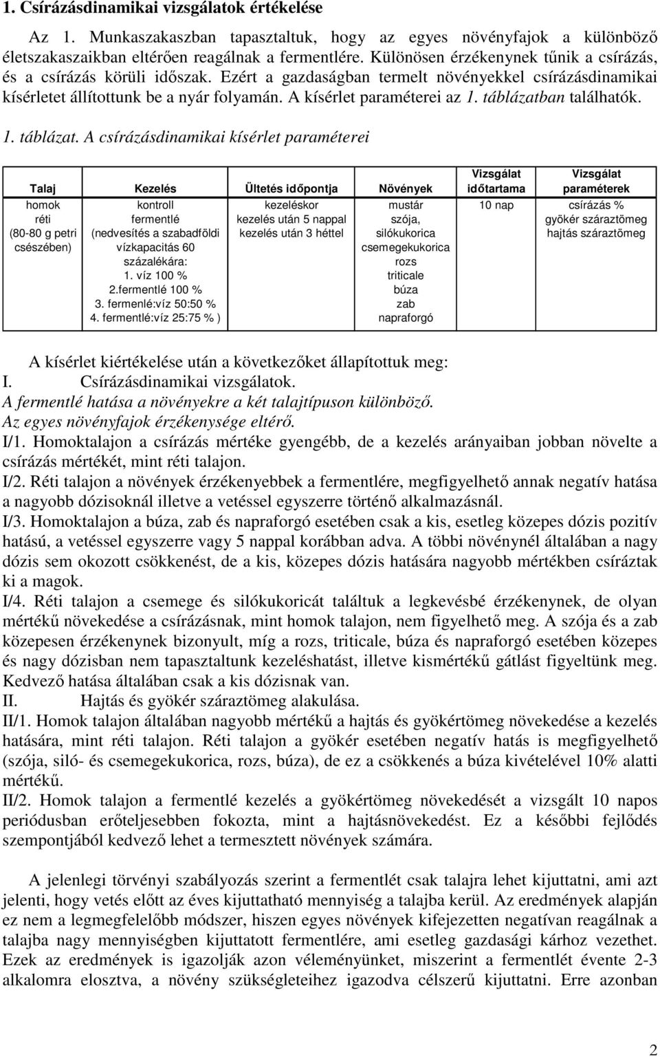 tlálhtók. 1. tálázt. A sírázásdinmiki kísérlet prméterei Tlj Ültetés idıpontj Növények homok réti (8-8 g petri sészéen) kontroll fermentlé (nedvesítés szdföldi vízkpitás 6 százlékár: 1. víz 1 % 2.