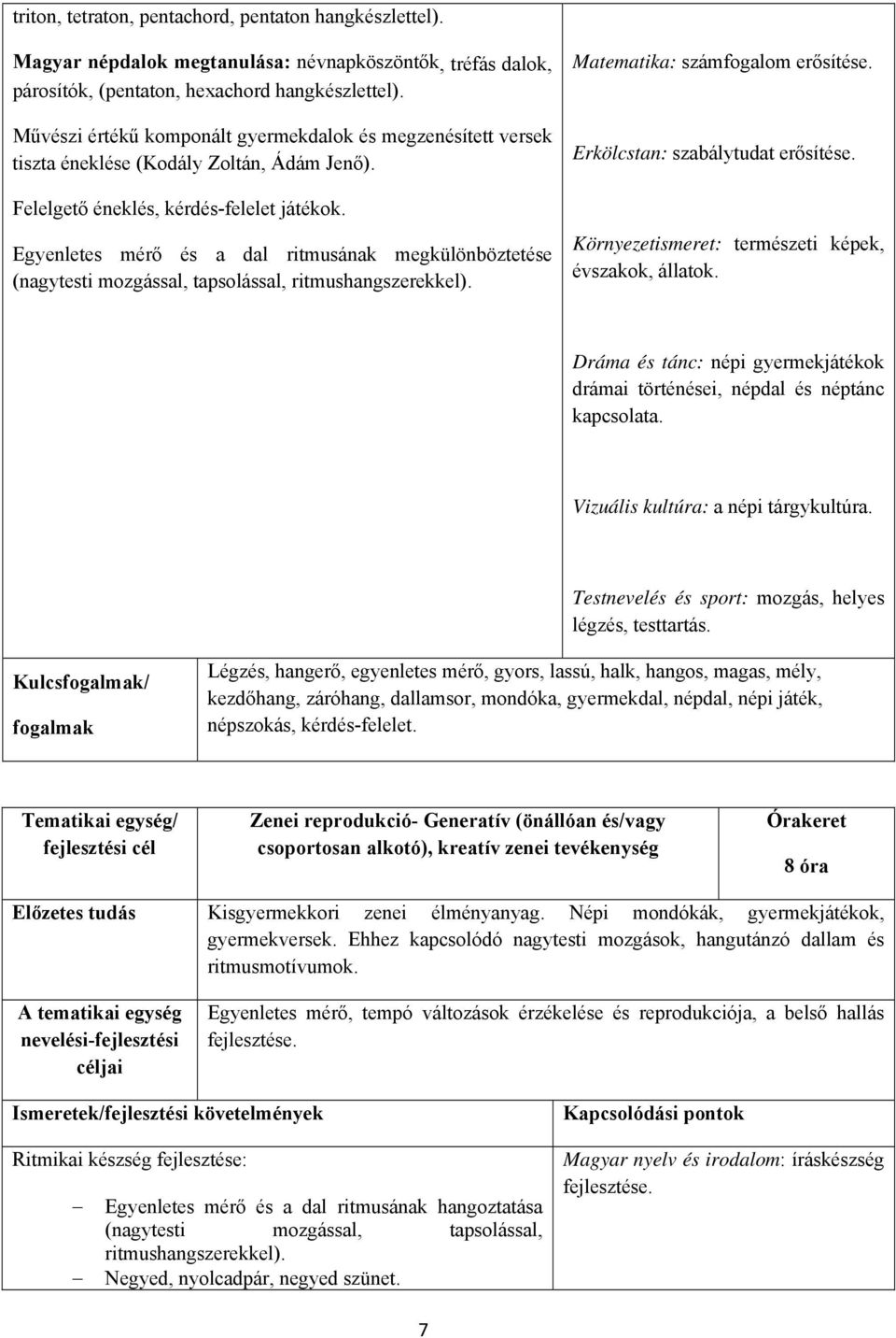 Egyenletes mérő és a dal ritmusának megkülönböztetése (nagytesti mozgással, tapsolással, ritmushangszerekkel). Matematika: számfogalom erősítése. Erkölcstan: szabálytudat erősítése.