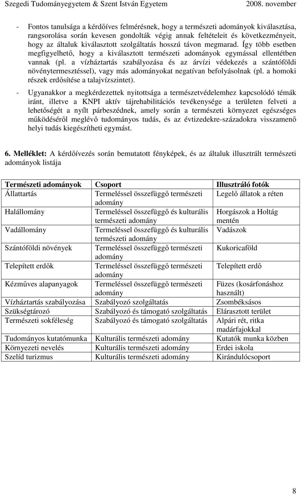 a vízháztartás szabályozása és az árvízi védekezés a szántóföldi növénytermesztéssel), vagy más adományokat negatívan befolyásolnak (pl. a homoki részek erdısítése a talajvízszintet).